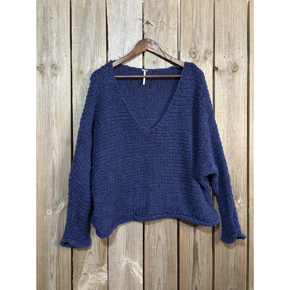 Free People Navy Chunky Knit Slouchy V-Neck Sweater‎ XS